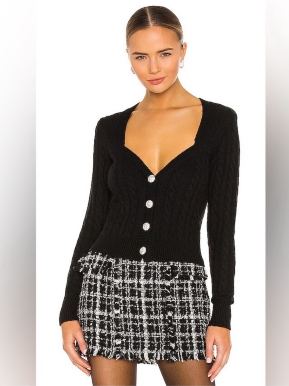 NWT Ronny Kobo  cable knit cashmere cotton blend Black Knit Jaelyn Cardigan L